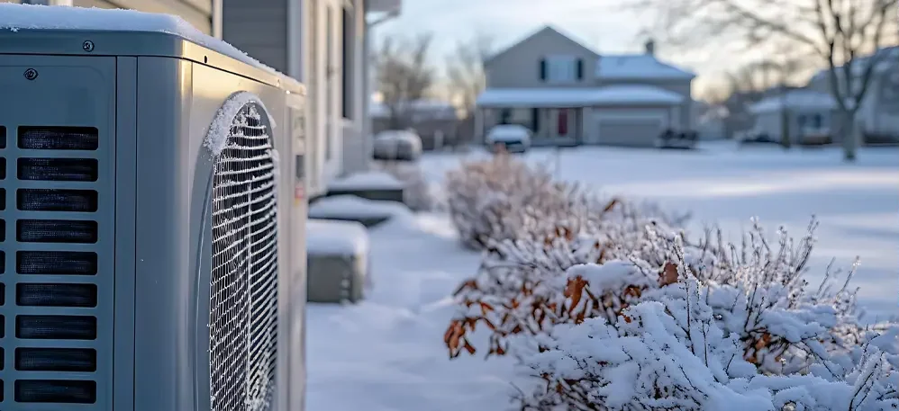 Thermopompe extérieure installée à Montréal fonctionnant efficacement en hiver sur une résidence québécoise.