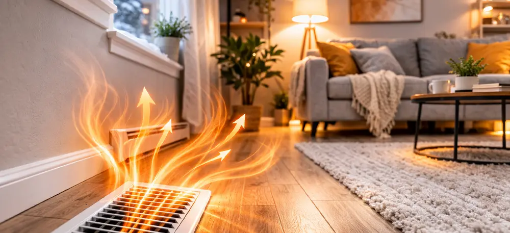 Air chaud circulant à partir des bouches de ventilation dans une maison à Montréal, illustrant un système de chauffage efficace