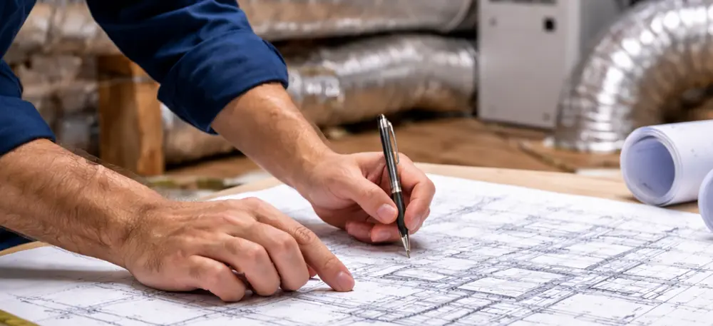 Technicien CVC analysant des plans de ventilation résidentielle lors de la conception d’un système à Montréal