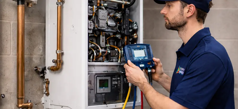 Technicien CVC effectuant l’entretien d’une chaudière au gaz hydronique à Montréal