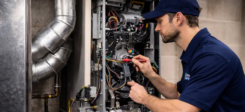 Technicien CVC effectuant une réparation de chauffage sur une fournaise au gaz à Montréal