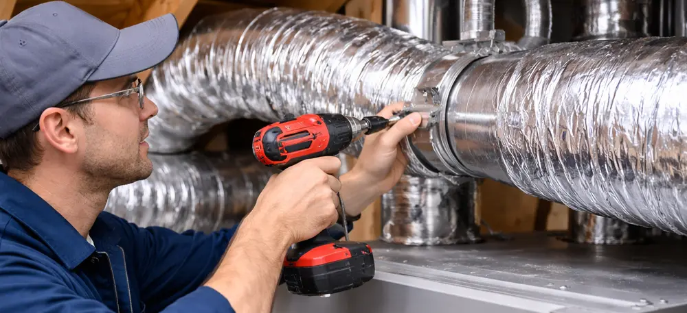 Technicien CVC installant un système de ventilation résidentielle avec conduits dans une maison à Montréal
