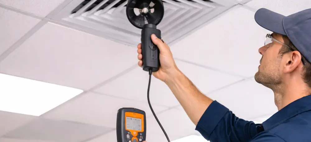 Technicien CVC mesurant le débit d’air avec un anémomètre lors d’un balancement d’air à Montréal